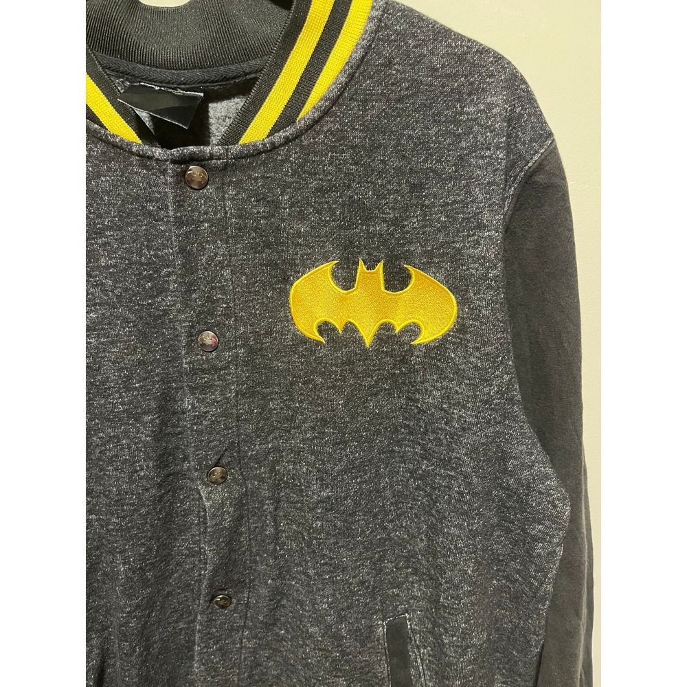 DC Comics Batman Varsity Bomber Jacket Gray Black Yellow Snap Front Large XL - Picture 2 of 4